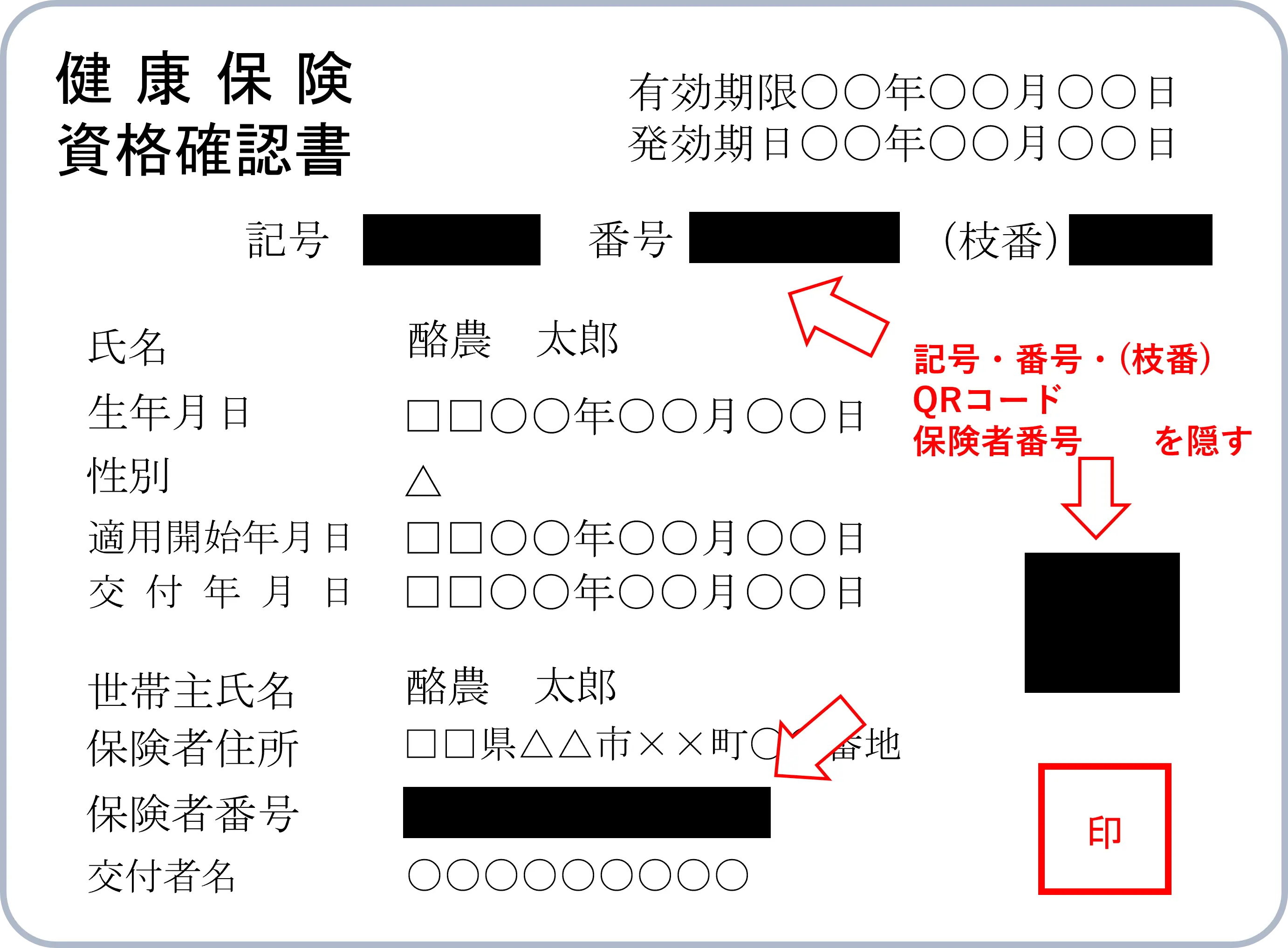 健康保険証のマスキング例